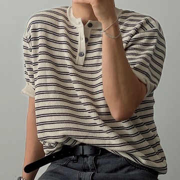 【Metanoia】🇰🇷韓製 亨利領條紋針織短袖上衣