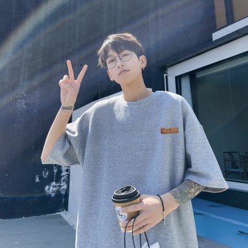 華夫格五分袖t恤男夏季潮流港風青少年短袖寬松休閑大碼圓領體恤