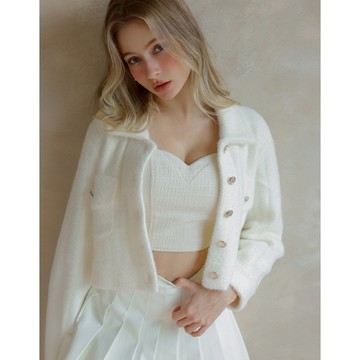 AIR SPACE 翻領金屬排扣雙口袋長袖短版針織外套(白/粉紅) 女裝 現貨