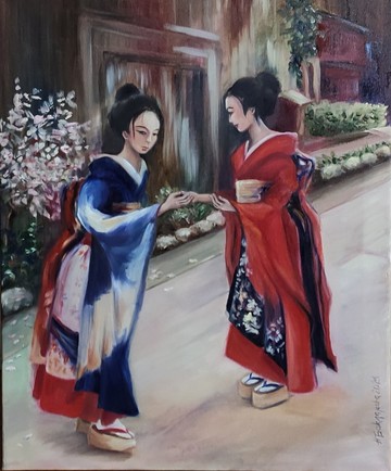 櫻花綻放城市牆藝術原創繪畫日本與服著裝女性藝術