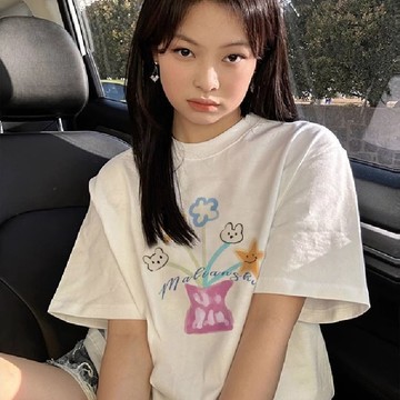 純棉美式七彩花朵正肩短袖T恤新款夏季設計感慵懶體恤 女生上衣 慵懶風 男生短袖 oversize寬鬆