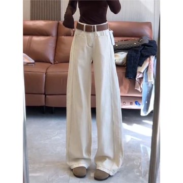 (免運)杏色復古窄版闊腿牛仔褲女秋季2025新款高腰顯瘦垂感直筒拖地褲子