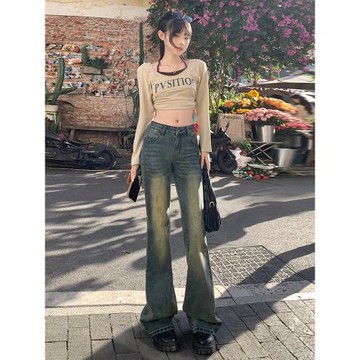 ZNZW復古微喇牛仔褲女2025新款秋季彈力美式修身小個子低腰喇叭褲