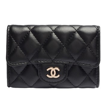 CHANEL香奈兒 經典金色雙C LOGO菱格紋小羊皮暗釦卡夾/零錢包(黑)