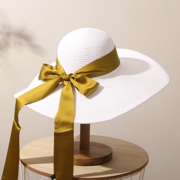 白色大檐帽子太陽帽超大帽檐防曬遮陽沙灘帽女綠飄帶草帽海邊度假