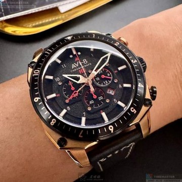AVI-8 男錶 44mm 玫瑰金方形精鋼錶殼 黑色三眼中三針顯示水可旋轉錶面款 AV52662