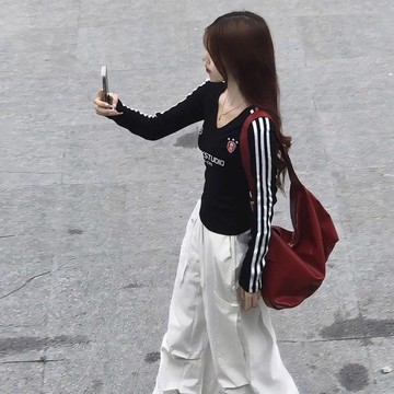 美式辣妹V領短版長袖T恤女秋冬季內搭上衣打底衫潮