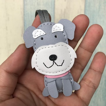 療癒小物 灰/白色 可愛 雪納瑞 純手工縫製 皮革 吊飾 小尺寸