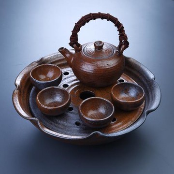 日式功夫茶具套裝手工仿古陶瓷茶器套組粗陶家用茶盤提梁茶壺杯子