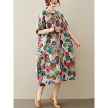 胖mm夏裝印花中長款寬松大碼女裝減齡顯瘦圓領遮肉短袖棉麻連衣裙