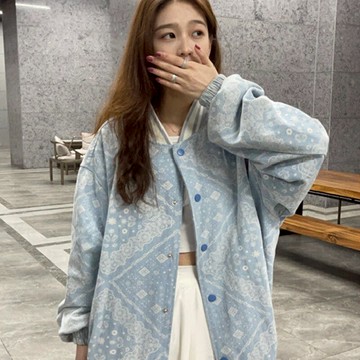 美式高街棒球服女春秋新款寬松ins潮腰果花工裝鹽系開衫外套