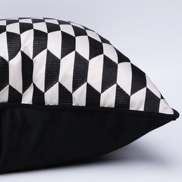 抱枕套✨靠枕套✨黑白菱形抱枕拼接絨布簡約沙發腰枕靠墊幾何高精密繡花滾邊抱枕套 熱賣