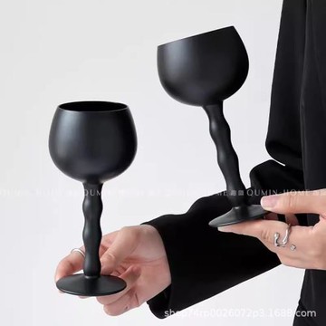 復古波浪高腳杯中古風玻璃紅酒杯簡約雞尾酒杯曜黑葡萄酒杯子