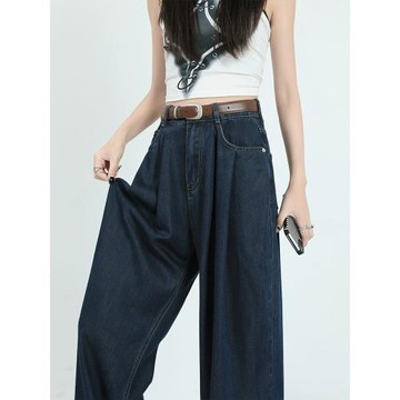 深藍色闊腿牛仔褲女早秋2023新款高腰設計感直筒寬松垂感拖地褲子