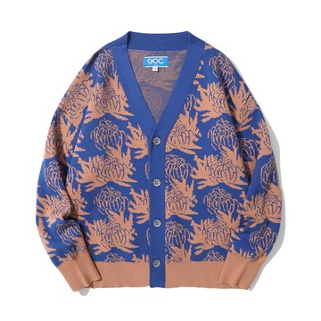 GOC Studio 全棉菊花圖案長袖針織外套 - 藍色蝦肉色大菊花