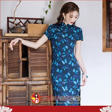 藏藍色新中式旗袍年輕款少女高級感絕美高端大氣日常可穿改良連身裙洋裝-青蝶-水水女人國