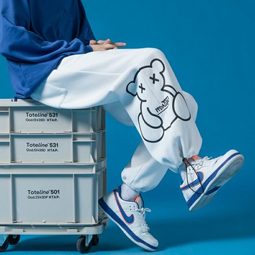 小熊印花衛褲男春夏季新款潮牌休閑褲加肥加大碼束腳運動褲男