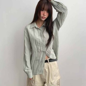 正韓女上衣 褶皺長袖襯衫FOM1120-創翊韓都