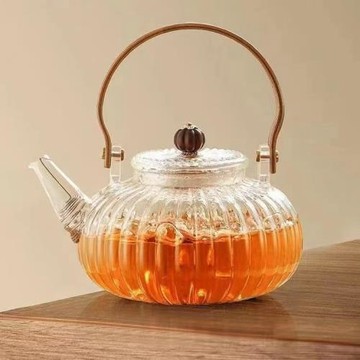 南瓜壺耐高溫玻璃茶壺帶過濾木提梁加厚玻璃泡茶煮茶壺電陶爐專用