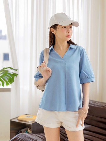 V領泡泡袖後排釦寬鬆上衣