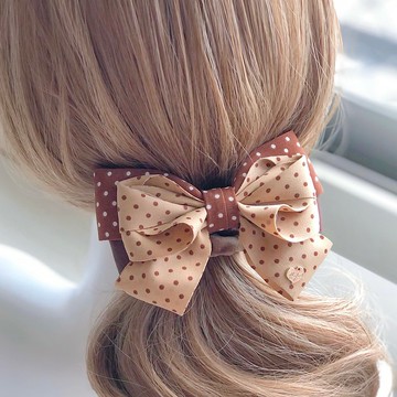 獨家款點點雙色蝴蝶結大腸圈髮圈-奶茶色+咖啡色