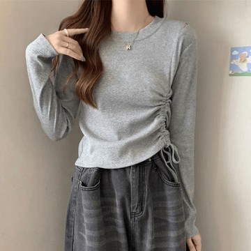 9th street 抽繩不規則短版長袖T｜修身顯瘦打底上衣 秋冬(預購)