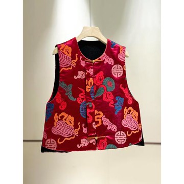 (免運)八寶葫蘆植絨緞面新中式紅色馬甲2025秋冬夾棉高貴復古女士馬夾