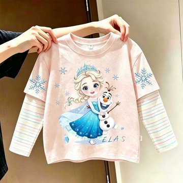 兒童長袖上衣 女童上衣 男童上衣 保暖上衣2026新款假兩件愛莎公主春秋季卡通洋氣印花長袖女童打底上衣T童裝