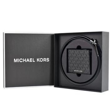 MICHAEL KORS 男款 緹花LOGO防刮短夾/雙面用皮帶禮盒-黑色