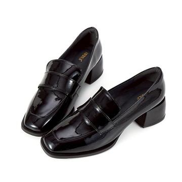 真皮方頭橫帶粗跟樂福鞋