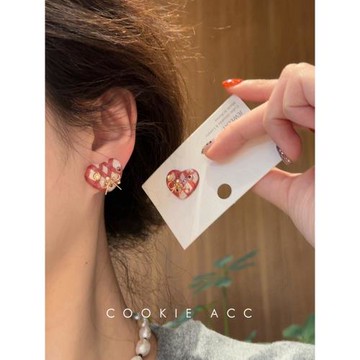 cookie飾品韓國氣質百搭港風紅色愛心方圓臉耳環新款耳釘925銀針