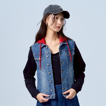 【ERSS】女裝 男裝 牛仔外套 休閒外套 連帽外套 拼接 帽可拆 紅色帽子 黑色袖子 男女皆可 深藍【K10190】