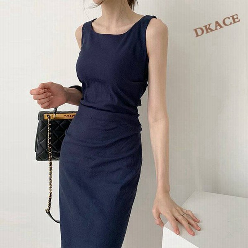 ドレス ワンピース レディース タイト エレガント ミモレ丈 ストレートライン ネイビー 紺 ブルー 韓国ファッション 通販 Lineポイント最大get Lineショッピング