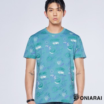鬼洗 BLUE WAY – 大和魂器物家紋鬼面滿版短TEE(藍綠)
