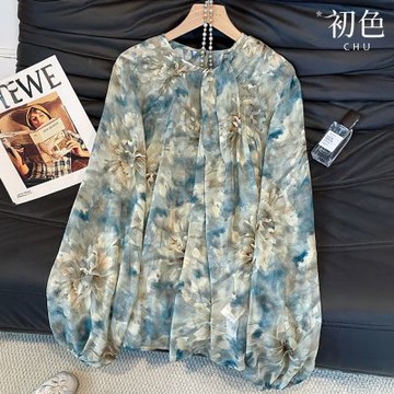 初色 氣質風滿版文藝印花修身顯瘦圓領長袖襯衫上衣女上衣-藍色-15396(M-2XL可選)