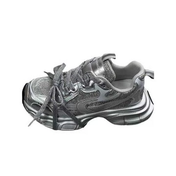 水鉆真皮巴黎老爹鞋女2024春夏新款厚底百搭網面透氣運動休閑鞋潮