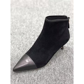 2025年新款尖頭貓跟短靴女短筒后拉鏈磨砂時裝及踝靴加絨復古靴子