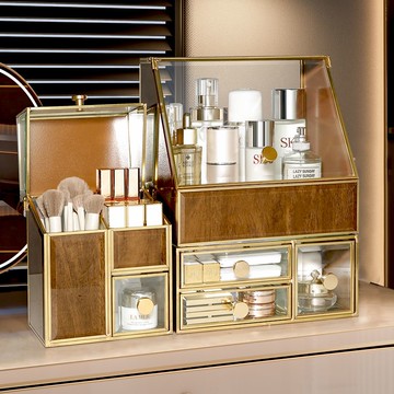 玻璃化妝品收納盒桌面高級家用梳妝臺大容量護膚品置物架防塵口紅 z8092