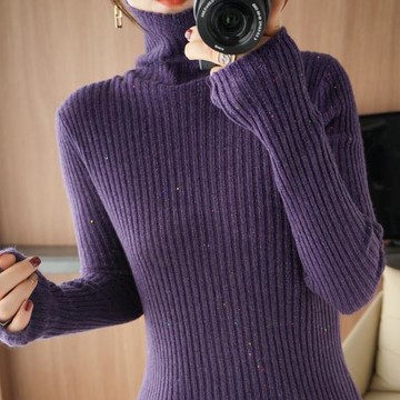 高領毛衣純羊毛亮片打底衫女內搭秋冬套頭修身羊絨堆堆領針織上衣