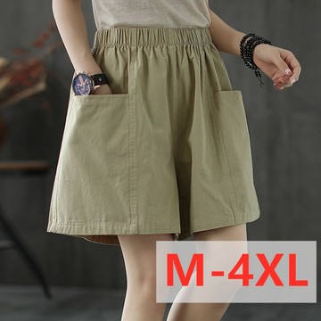 【🍒櫻桃大尺碼】M-4XL大尺碼短褲 高腰休閒闊腿短褲女夏季文藝口袋棉布闊腿工裝褲