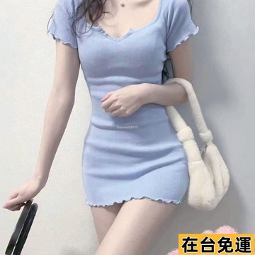 🔥台灣發出🔥 辣妹耳邊短袖甜辣連衣裙夏季小個子新款修身性感顯瘦藍色短裙裙子 IHUF