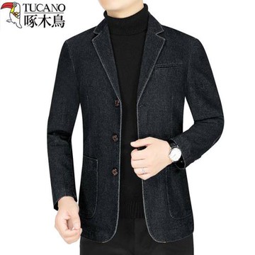 新款啄木鳥男休閑牛仔西裝外套男士春秋冬季中青年三粒扣西服上衣