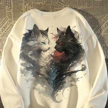 美式卡通愛心云霧貓咪印花衛衣女男薄款2024復古早秋chic減齡外套