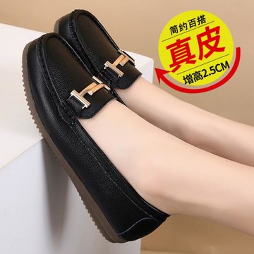 平底鞋2025新款淺口單鞋真皮平底休閑圓頭女鞋套腳輕便黑色媽媽鞋