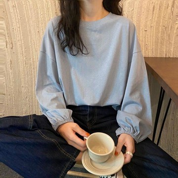 【薇衣】秋季韓版上衣 寬鬆套頭長袖 燈籠袖 長袖T恤女 純色百搭上衣 內搭長袖 上衣長袖女 上衣韓版