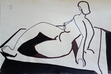 斜倚裸體與椅子繪畫現代風格，黑白藝術繪畫