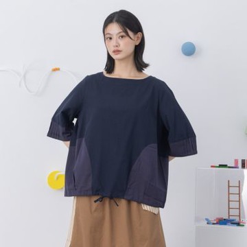 【MOSS CLUB】莫代爾低調色塊拼接短袖上衣 藍 黑 桔