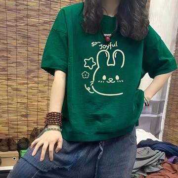 星星小兔 卡通上衣 新款夏季 純棉上衣  短袖T恤女 休閒寬鬆 大碼女裝  圓領上衣 日常百搭