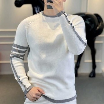 秋冬季男士針織圓領毛衣時尚簡約氣質百搭設計感潮流線衣條紋打底