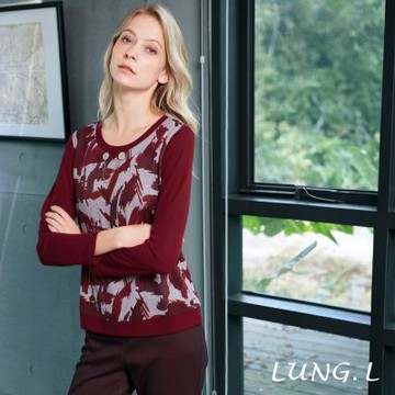 LUNG.L林佳樺 酒紅筆觸印花拼接素面長袖女裝上衣 LT21A